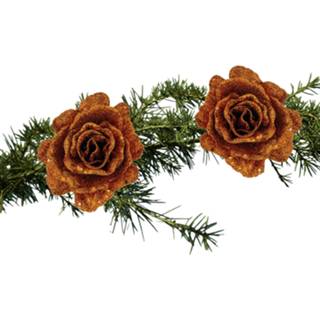 👉 Kerstboom 2x stuks bloemen roos koper glitter op clip 10 cm