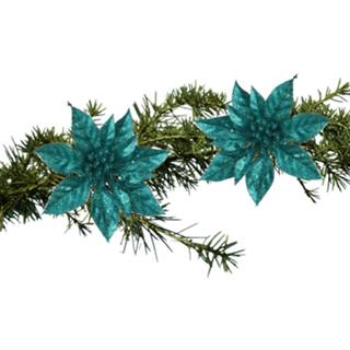 👉 Kerstboom groen 2x stuks bloemen op clip emerald glitter 15 cm