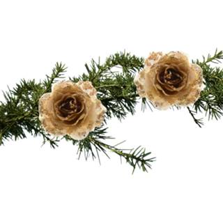 👉 Kerstboom goud 2x stuks bloemen op clip glitter 14 cm