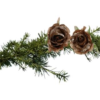 👉 Kerstboom bruin goud 2x stuks bloemen roos glitter op clip 10 cm.