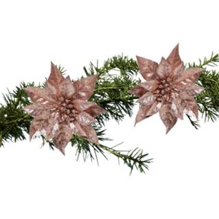 👉 Kerstboom roze 2x stuks bloemen op clip oud kerstster 18 cm