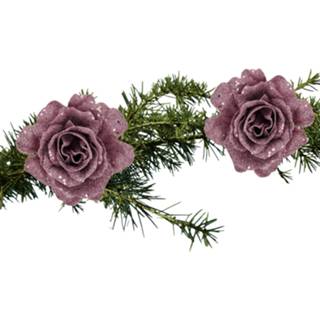 👉 Kerstboom roze 2x stuks bloemen roos glitter op clip 10 cm