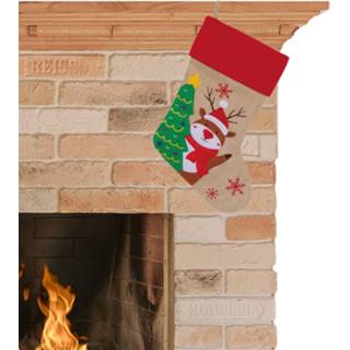 👉 Kerstsokken beige rood Decoratie kerstsok beige/rood met rendier print 46 cm