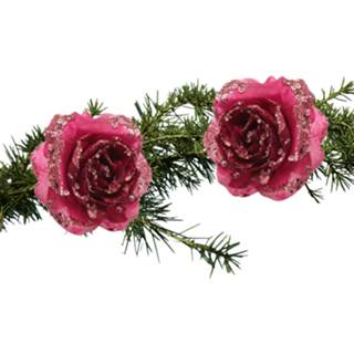 👉 Kerstboom roze 2x stuks decoratie bloemen framboos glitter op clip 14 cm