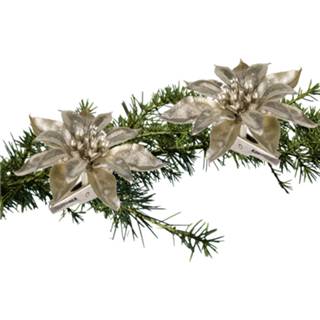 Kerstboom 2x stuks decoratie bloemen champagne glitter op clip 9 cm