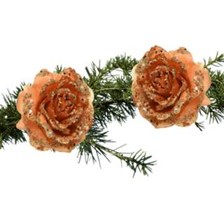 Kerstboom bruin 2x stuks bloemen terra glitter op clip 14 cm