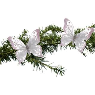 Kerstboom wit 2x stuks vlinders op clip 15,5 cm