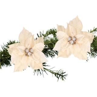 👉 Kerstboom wit 2x stuks decoratie bloemen kerstster cr?me op clip 18 cm