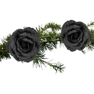 👉 Kerstboom zwart 2x stuks bloemen op clip glitter 18 cm