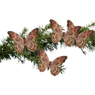 👉 Kerstboom bruin 2x stuks decoratie vlinders op clip met glitters 18 cm