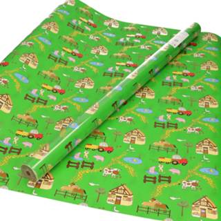👉 Inpakpapier groen papier 1x / cadeaupapier met boerderij thema 200 x 70 cm
