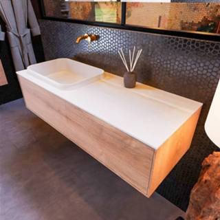 👉 Badmeubel witte eiken melamine mat hangend erin wit enkel links Mondiaz 120cm Washed Oak met 1 lade en wastafel zonder kraangaten 6017314498434