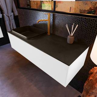 👉 Badmeubel zwarte wit mat MDF hangend erin zwart enkel links Mondiaz 120cm Talc met 1 lade en wastafel kraangat 6017329577520