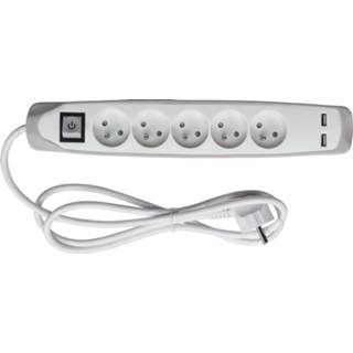 👉 Contactdoos wit grijs stuks elektriciteit Perel met 5 stopcontacten, 2 USB poorten en schakelaar, 1,5 m, 5410329726836
