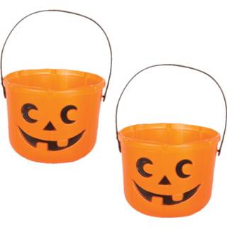 👉 Snoep oranje kunststof halloween Set van 4x stuks pompoen trick or treat emmertje D18 x H14 cm