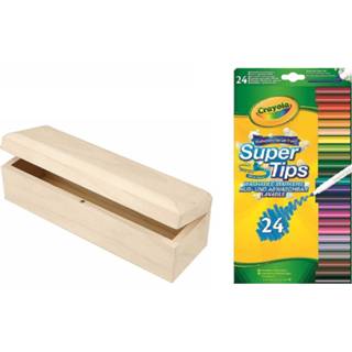 👉 Stift houten tekenen stiften opbergdoosje 20 x 6 cm met 24x Crayola viltstiften