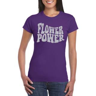 👉 Shirt paars katoen volwassenen vrouwen toppers Flower Power t-shirt met zilveren letters dames