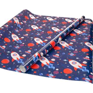 👉 Inpakpapier blauw Rol Inpakpapier/cadeaupapier met ruimtevaart print 200 x 70 cm