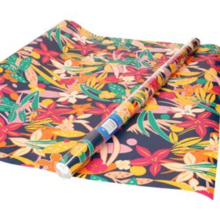 👉 Inpakpapier blauw Inpakpapier/cadeaupapier donkerblauw met gekleurde bloemen design 200 x 70 cm