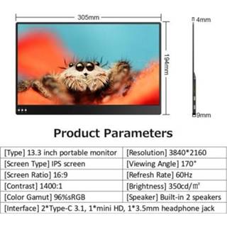 👉 Monitor zwart 13.3 inch Portable IPS Screen 3840*2160 Resolution with Integrated Foldable Bracket Wide Compatibility Black EU Plug