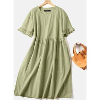 👉 Short sleeve polyester s vrouwen donkergroen Solid Ruffle Pocket Crew Neck Casual Dress