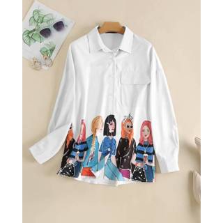 👉 Shirt lange mouw polyester s vrouwen zwart meisjes Cartoon Girl Graphic Pocket Button Front Long Sleeve