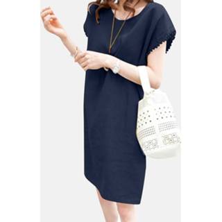 👉 Short sleeve cotton s vrouwen geel Solid Crew Neck Loose Dress For Women