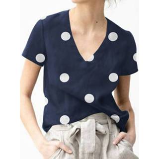 Short sleeve polyester s vrouwen wit Dot Print V-neck Casual Blouse For Women