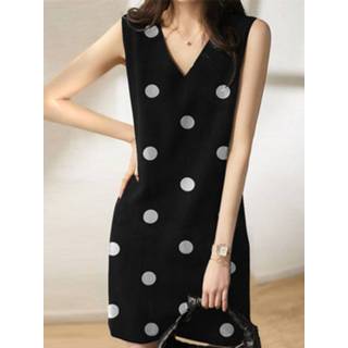 👉 Sleeveless polyester s vrouwen zwart Dot Print V-neck Dress For Women
