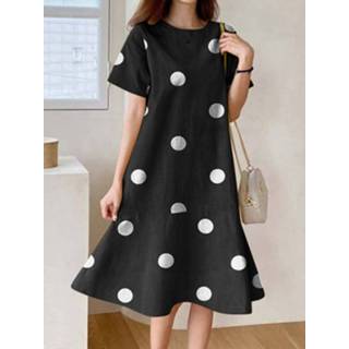 👉 Short sleeve polyester s vrouwen geel Dot Print Ruffle Hem Crew Neck A-line Dress