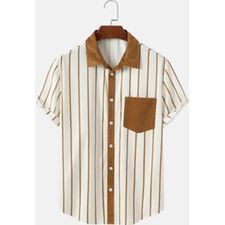 👉 Shirts korte mouw polyester s male bruin Mens Striped Chest Pocket Button Up Corduroy Short Sleeve