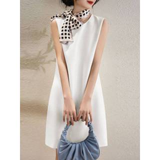 👉 Sleeveless polyester s vrouwen wit Solid Invisible Zip Crew Neck Women Dress