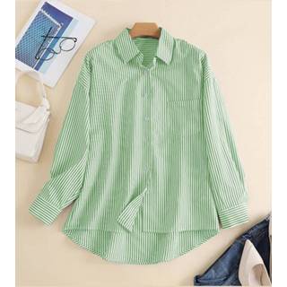 👉 Shirt lange mouw polyester s vrouwen donkergroen Stripe Print Pocket Loose Button Long Sleeve