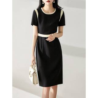 👉 Short sleeve polyester s vrouwen zwart Contrast Crew Neck Dress For Women