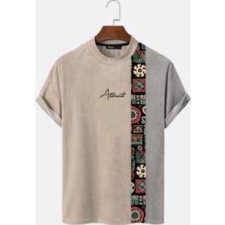 👉 Short sleeve polyester s male kaki Mens Letter Geometric Print Patchwork Mock Neck T-Shirts