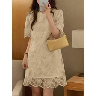 👉 Short sleeve polyester s vrouwen zwart Keyhole Back Crew Neck Lace Dress