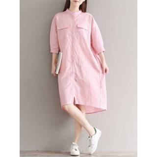 👉 Casual Solid Color Loose Stand Collar 3/4 Sleeve Shirt Dress For Women