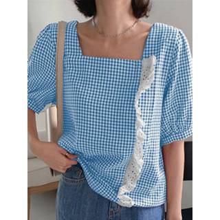 Short sleeve polyester s vrouwen zwart Check Print Lace Panel Square Collar Blouse