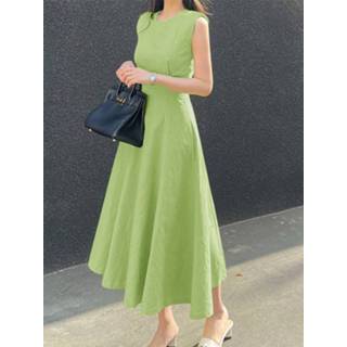 👉 Sleeveless cotton s vrouwen zwart Solid A-line Swing Crew Neck Women Dress