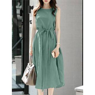 👉 Sleeveless cotton s vrouwen donkergroen Solid Button Back Midi Dress With Belt