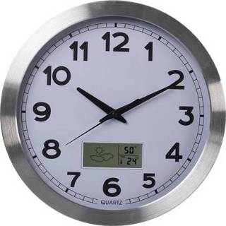 👉 Wandklok aluminium active Perel met LCD-Display en Thermometer, Hygrometer&Weersvoorspelling -Ø 35 cm 6095804599571