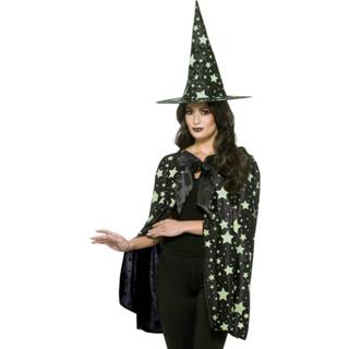 👉 Verkleed kostuum active vrouwen Halloween - Heks kostuum/cape met hoed glow in the dark voor dames