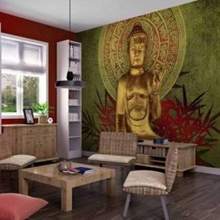 Foto behang gouden groen Fotobehang - Boeddha, goud/groen, 5 maten, premium print vliesbehang, voor woon en slaapkamer, instructies bijgesloten, gemakkelijke aan te brengen 5902875824277