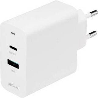 👉 Wit Deltaco Dual USB Wall Charger, 1x USB-C PD, USB-A QC 3.0, 24 W - White 7333048050885