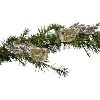 👉 Paillet goud kunststof active 2x stuks decoratie vogels op clip met pailletten 15 cm