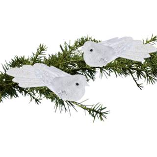 👉 Paillet kunststof active wit 2x stuks decoratie vogels op clip met pailletten 15 cm