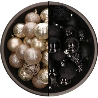 👉 74x stuks kunststof kerstballen mix van champagne en zwart 6 cm