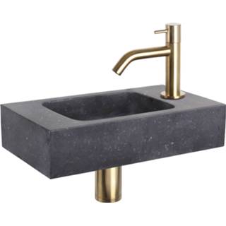 👉 Fonteinset zwart natuursteen goud Differnz Bombai 40x22x9 cm Met Gebogen Kraan Mat 8712793557259