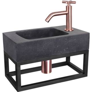 👉 Fonteinset zwart rood natuursteen Differnz Bombai en Handoekrek 40x22x9 cm Met Gebogen Kruis Kraan Koper 8712793558324