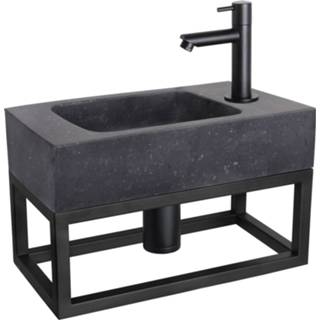 👉 Fonteinset zwart natuursteen Differnz Bombai en Handoekrek 40x22x9 cm Met Rechte Kraan Mat 8712793558249